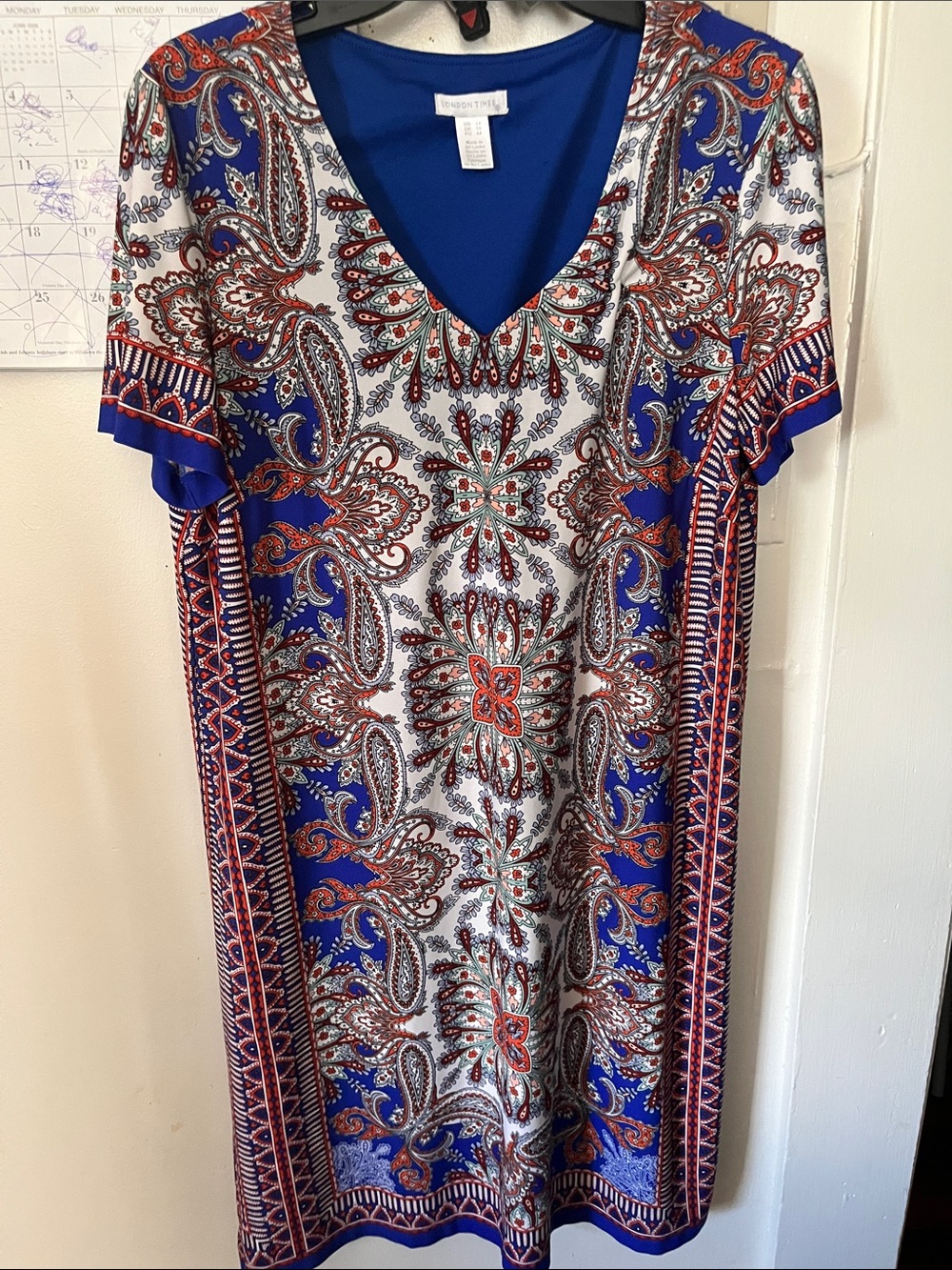London Times Blue and Red Paisley V-Neck Midi Dress
